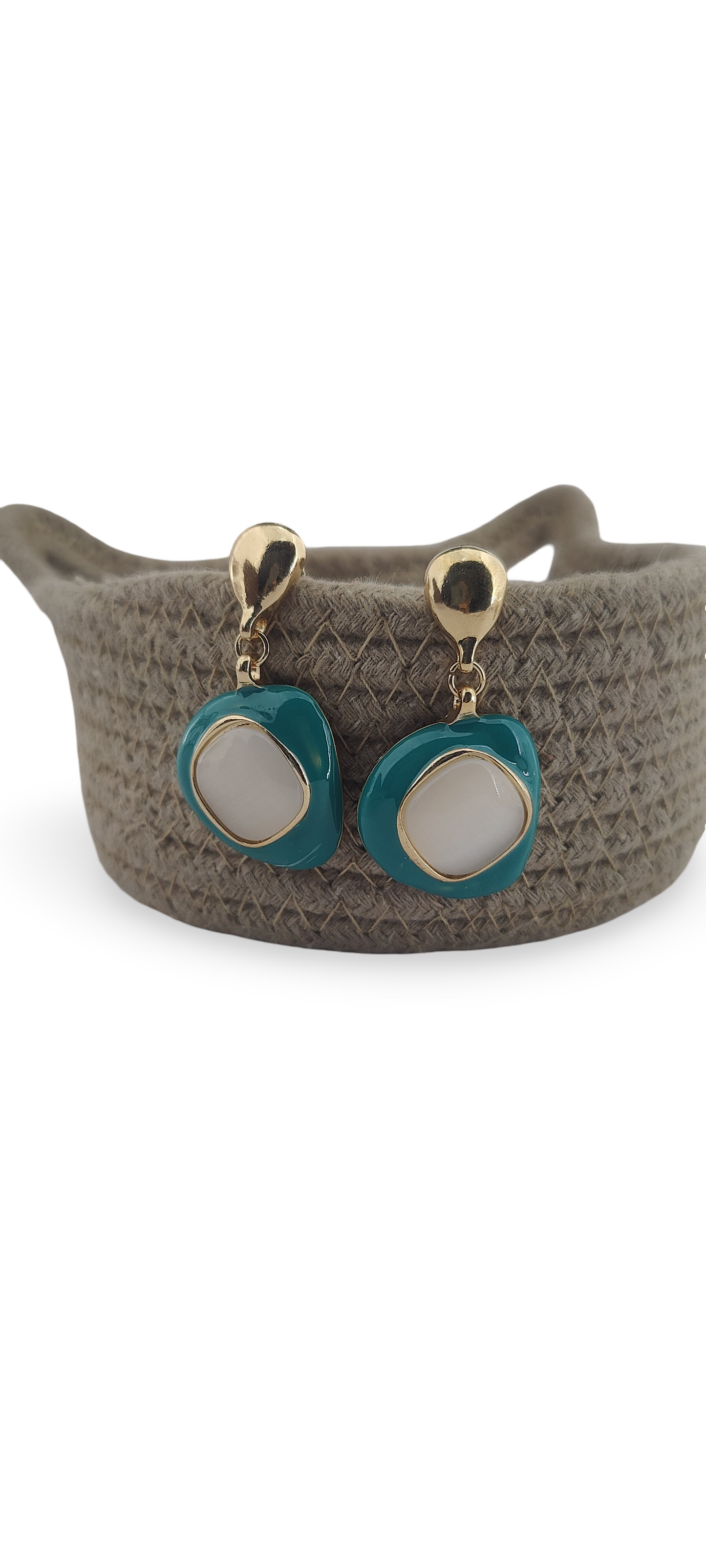Teal Glossy Charm Drop Earrings with Pearl White Center