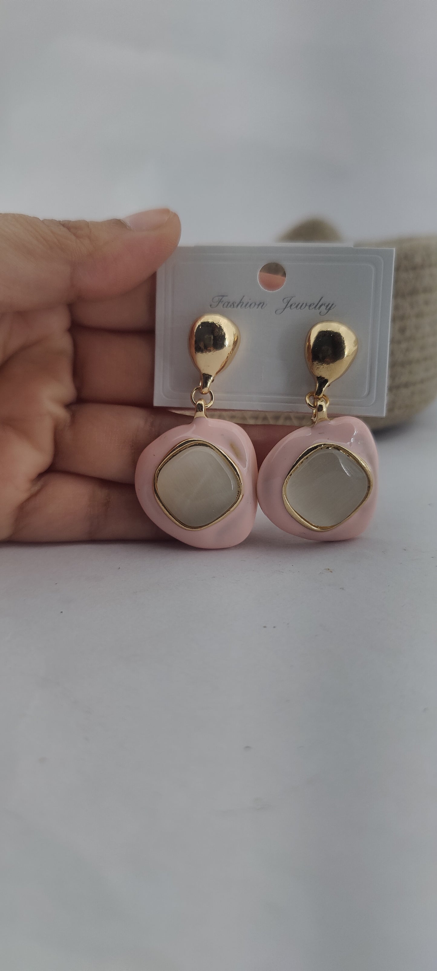 Elegant Pink & Gold Drop Earrings with Marble Center