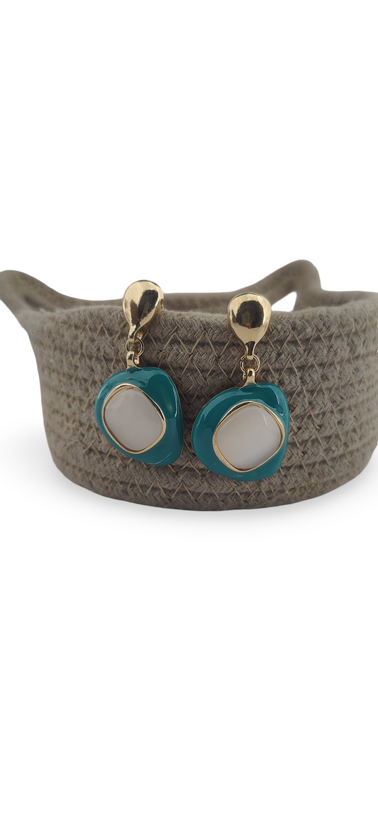 Teal Glossy Charm Drop Earrings with Pearl White Center