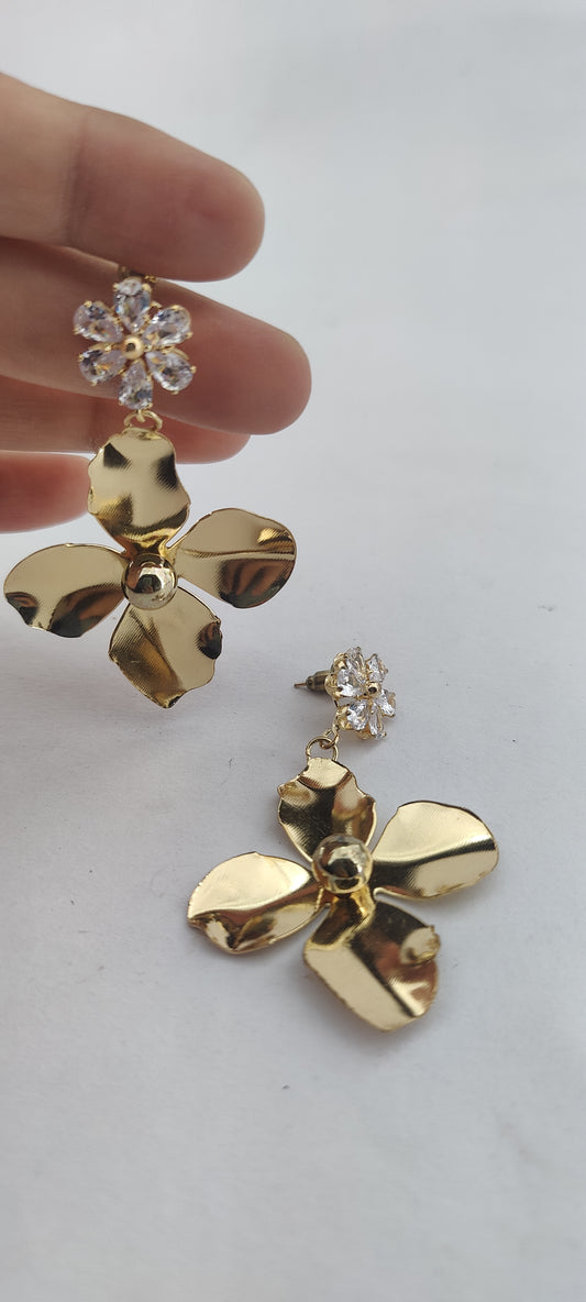 Elegant Crystal & Gold Floral Drop Earrings