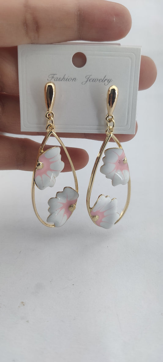 Delicate Floral Teardrop Dangle Earrings in Pink & White Enamel