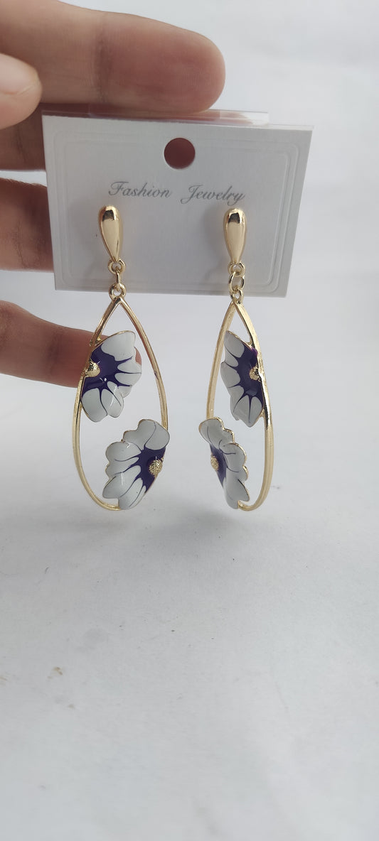Elegant Violet Floral Teardrop Earrings with Gold Frame