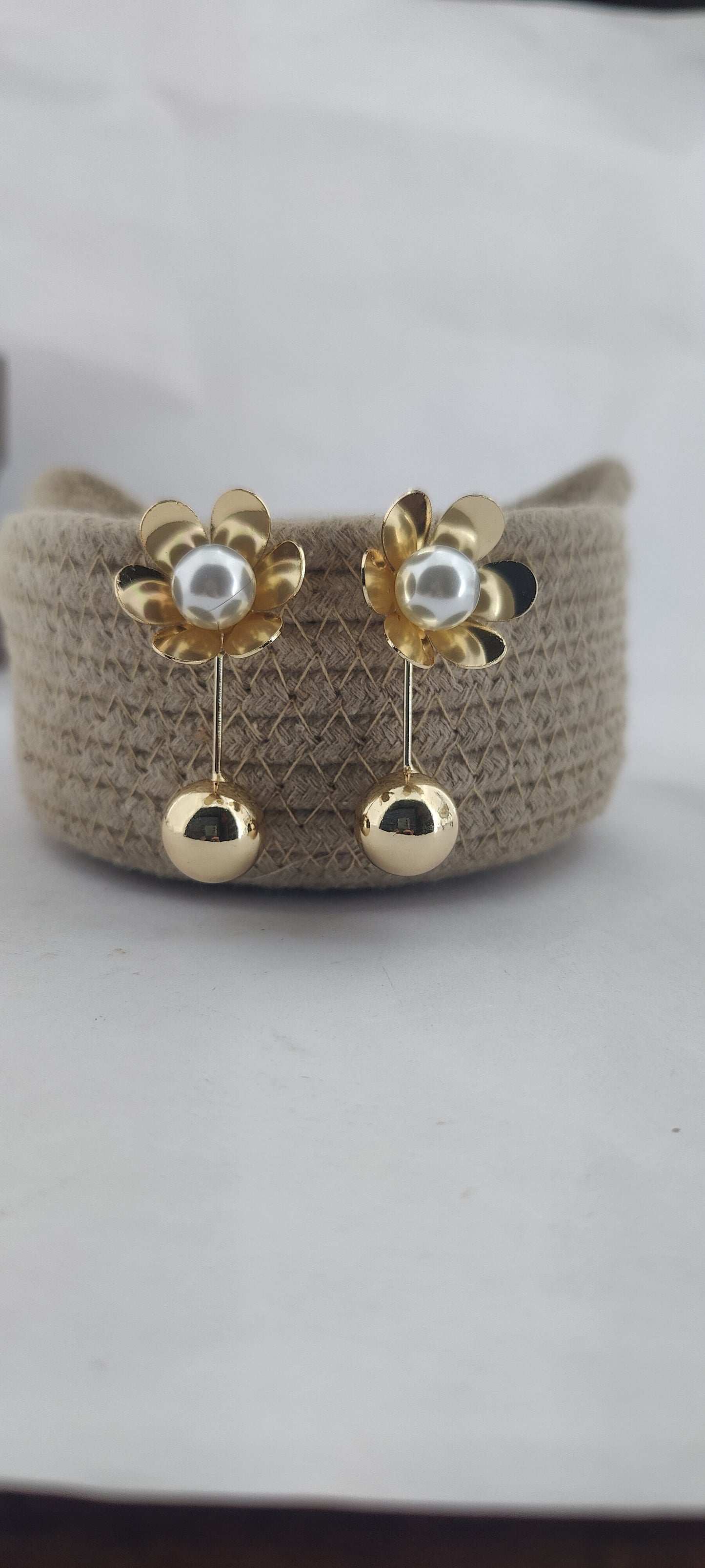 Golden Bloom Drop Earrings with Pearl Center