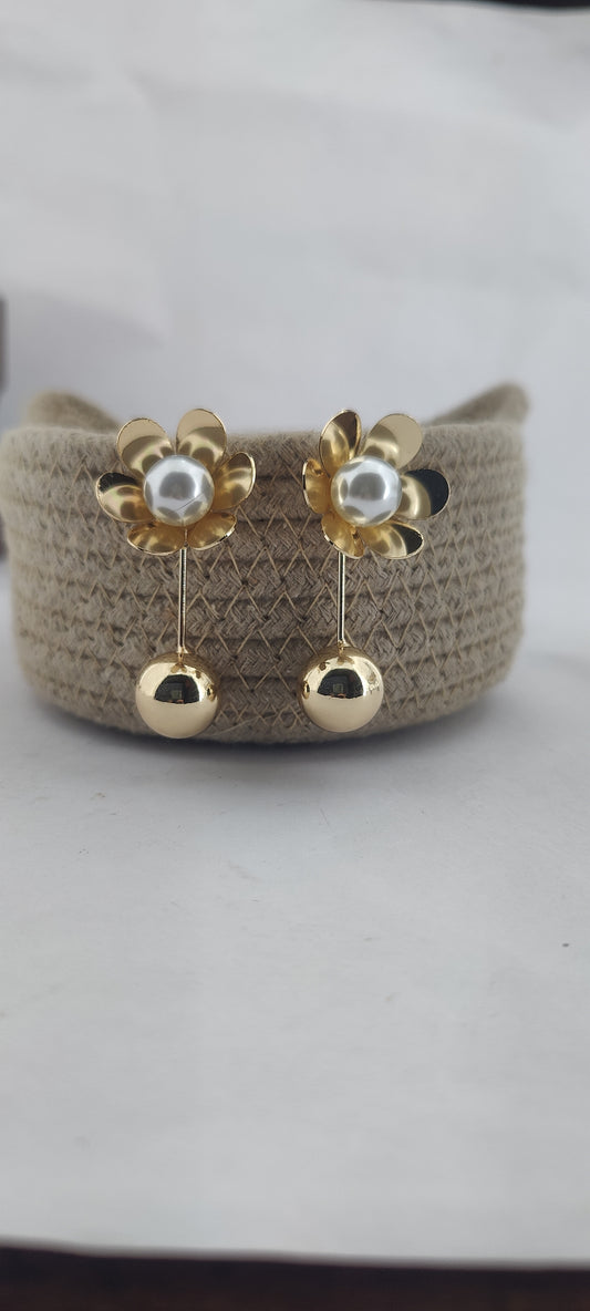 Golden Bloom Drop Earrings with Pearl Center