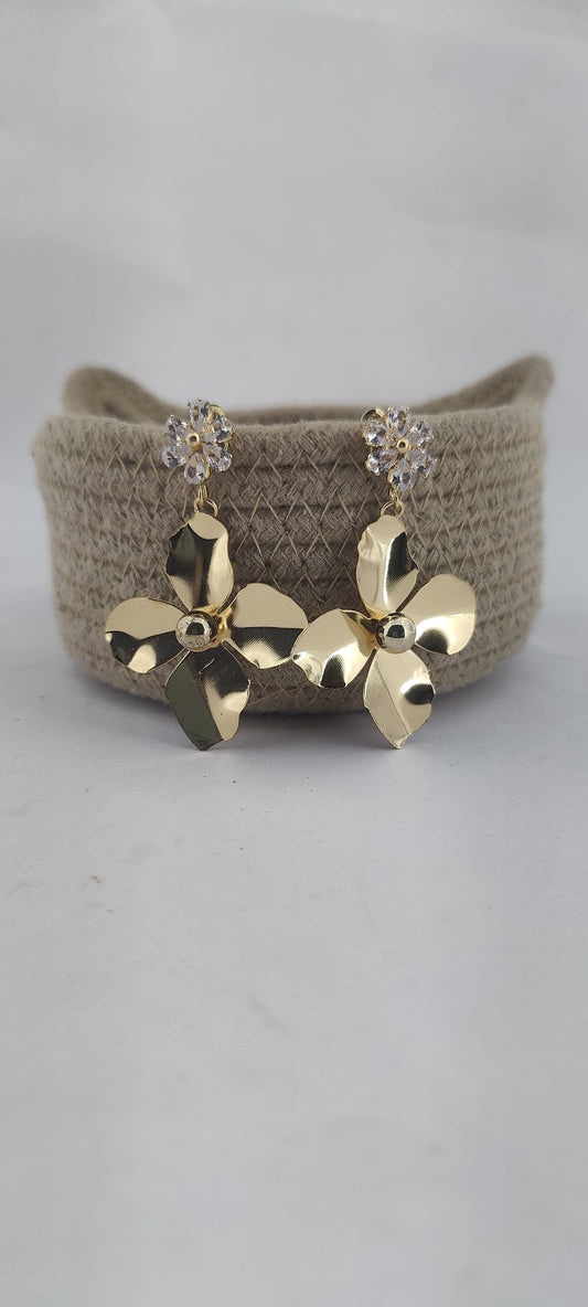 Luxury Golden Floral Drop Earrings with Crystal Stud