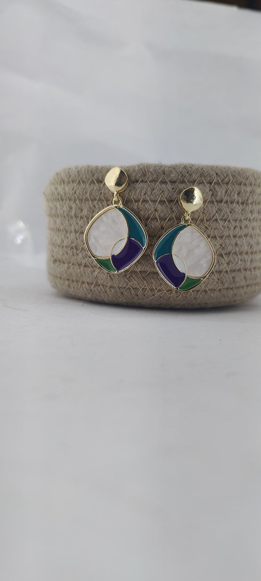 Geometric Art Deco Drop Earrings – Multicolor Enamel Finish