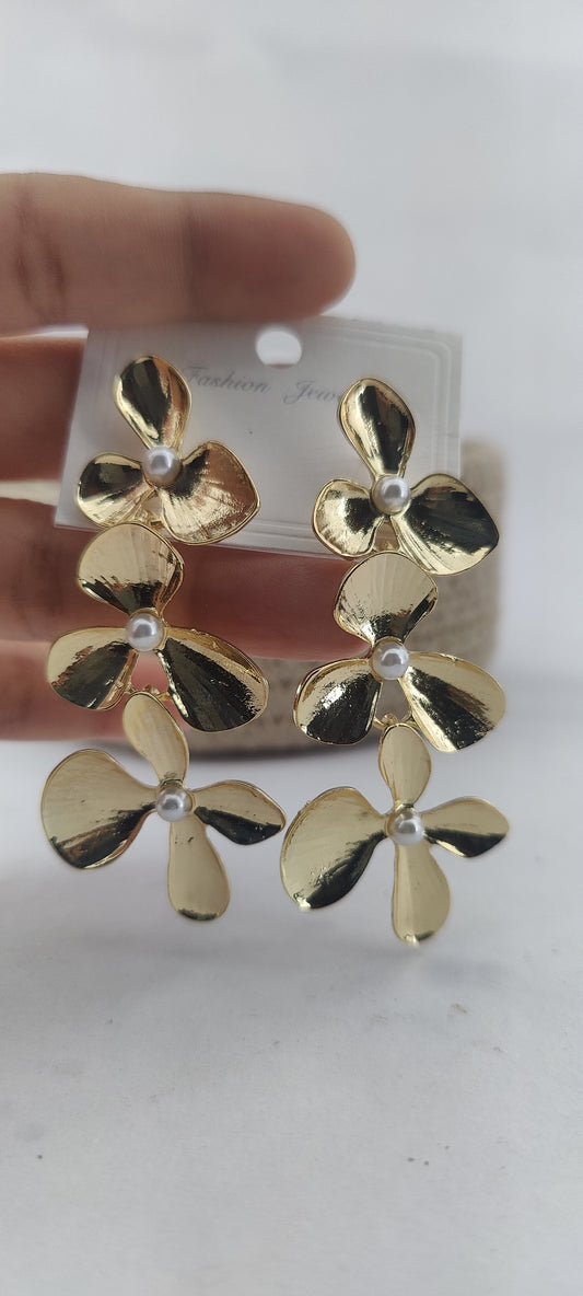 Triple Floral Cascade Earrings with Pearl Center – Gold Finish